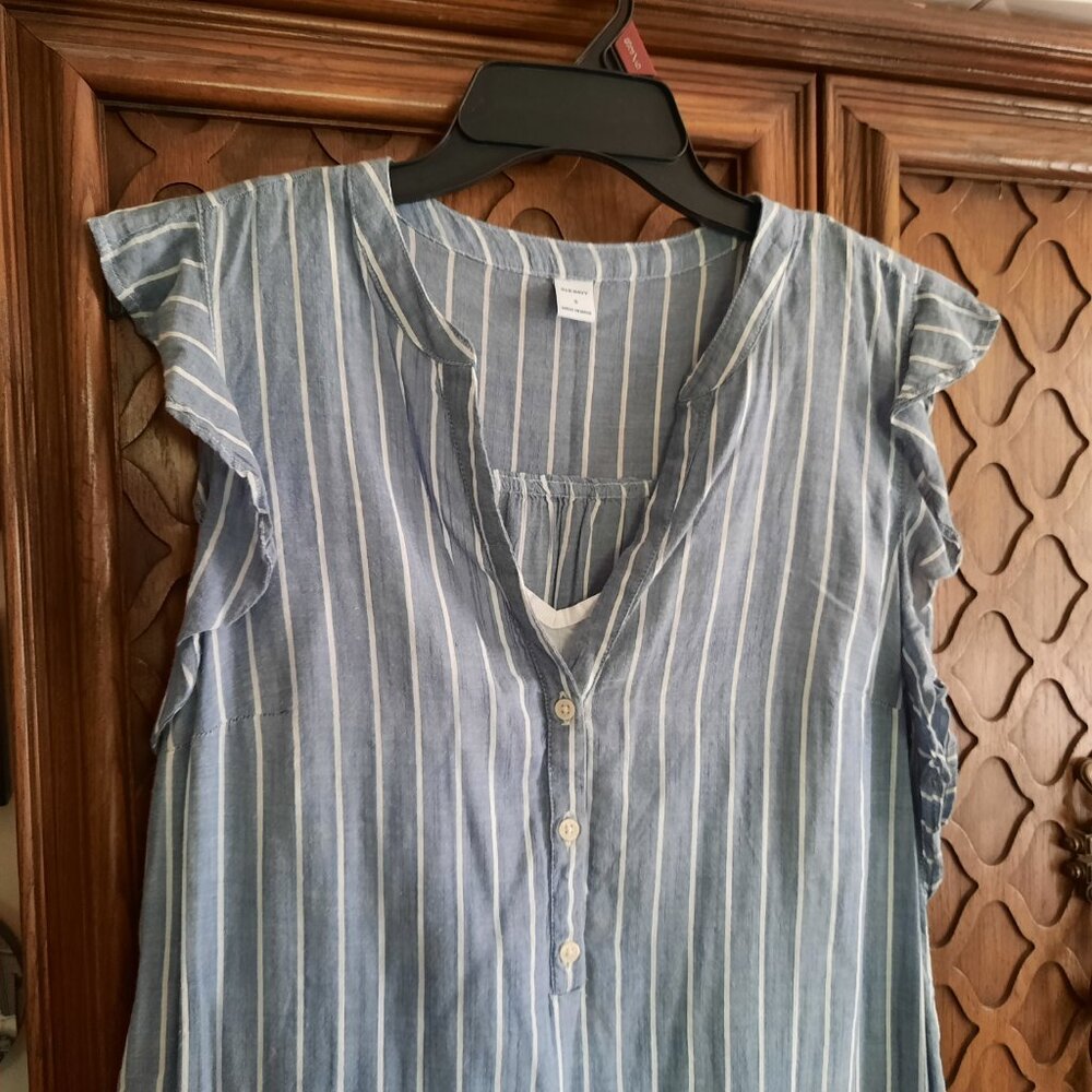 TO RELIST -Old Navy Flutter Sleeve Tie-Belt Shirt Dress - Chambray Stripes, Sz S - Picture 5 of 16